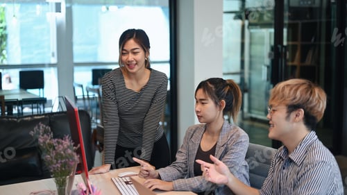 Preview: Team of software development brainstorming, working with coded data in corporate office.