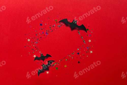Preview: Halloween decor concept. Blank greeting card, invitation mockup. Festive bright red background