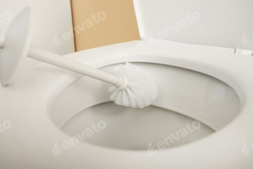 Preview: Cleaning toilet bowl with white brush indoors, closeup