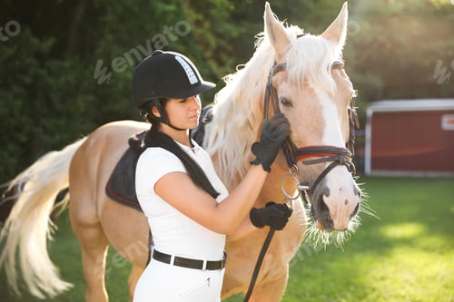 Preview: Young woman in horse riding suit and her beautiful pet outdoors on sunny day