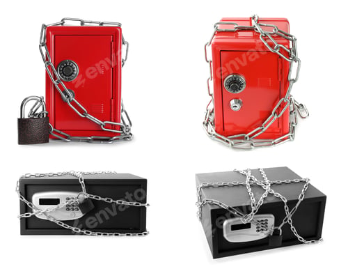 Preview: Different steel safes isolated on white, collage