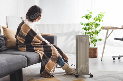 Preview: beautiful woman with blanket in cold room with heater
