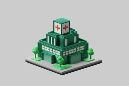 Grünes Gebäude mit rotem Kreuz auf der Vorderseite.
