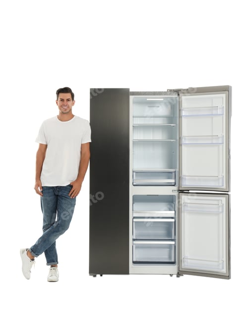 Preview: Man near open empty refrigerator on white background