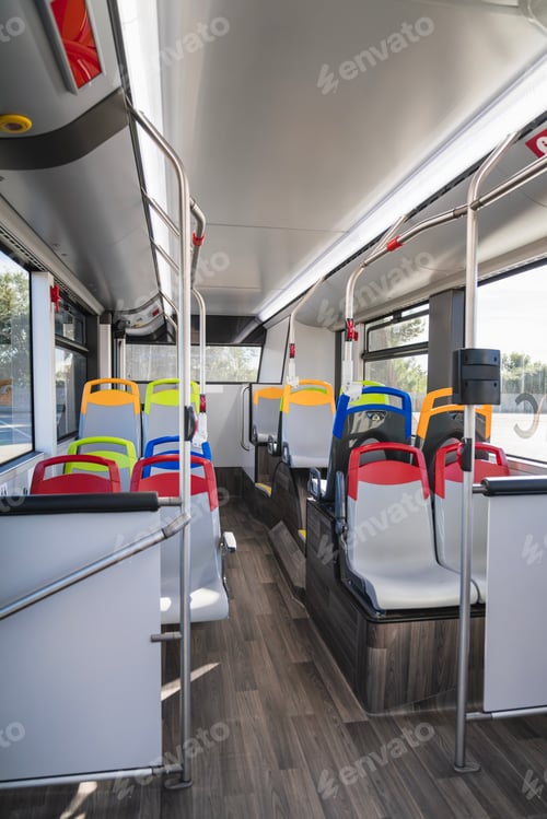 Preview: City bus interior with empty colorful seats