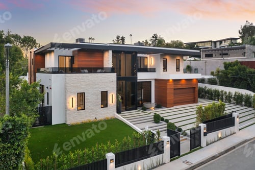 Preview: Modern luxury house at sunset