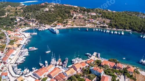 Preview: Aerial drone panorama of Fiskardo village port on Kefalonia island, Greece