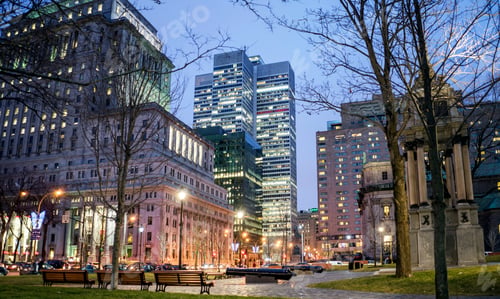Preview: Park benches in city at night