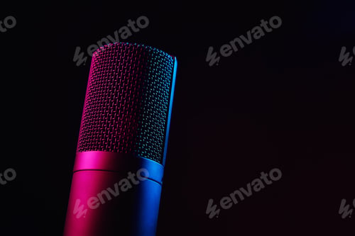 Preview: Studio microphone on dark background with neon lights