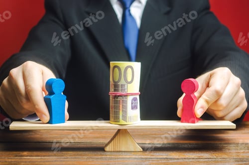 Financial Scales with Money and Wooden Figures