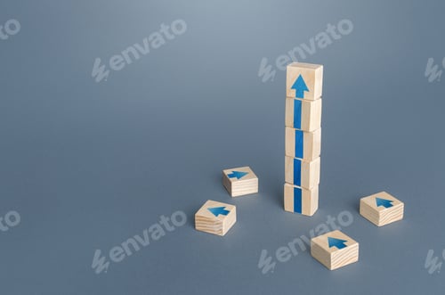 Preview: Block tower with arrows. Growth, development progress concept. Achieve success. Career promotion
