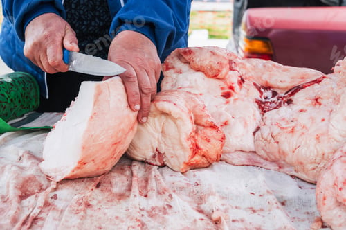 Preview: the hands of a butcher cutting lard meat.