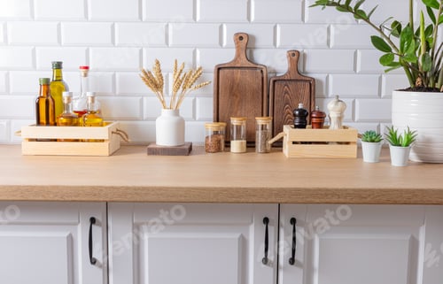 Preview: Storage area for spices and oil in various containers and in environmentally friendly wooden boxes