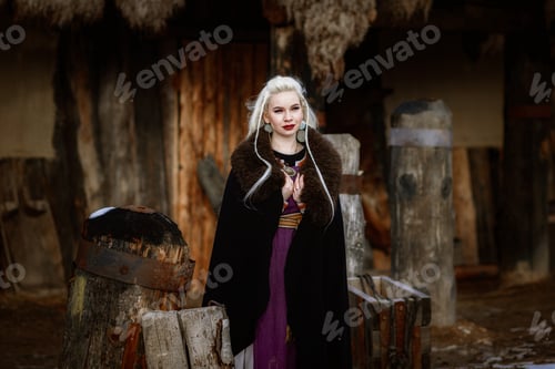 Preview: Beautiful blonde Viking dressed in a black cloak against the backdrop of the castle