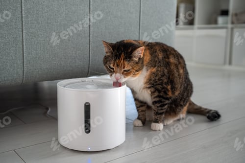Preview: Cat drinking from automatic water dispenser close up. Smart pet drinker with mobile app connection.