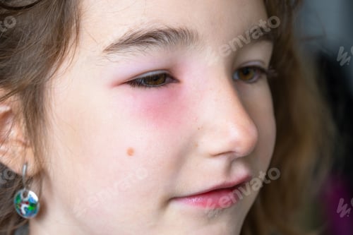 Preview: A red swollen eyelid on a child face in close-up is an allergy to an insect bite. Allergic reaction