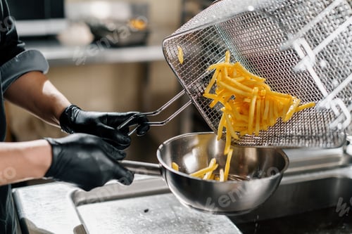 Preview: professional kitchen in restaurant the chef takes out delicious french fries from the fryer