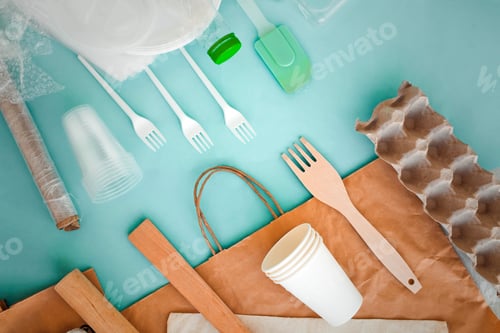 Preview: Set of plastic items and replacing them with eco wooden tableware and paper bag .