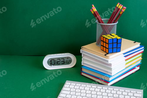 Preview: Colorful school supplies on a green background