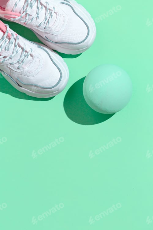 Preview: Minimal still life art. Fashion sport shoes concept. Aqua menthe trends. Stylish white sneakers