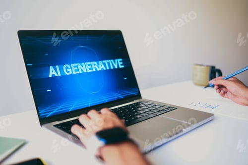 Preview: AI app. Hands chat with Artificial Intelligence software in computer at home office