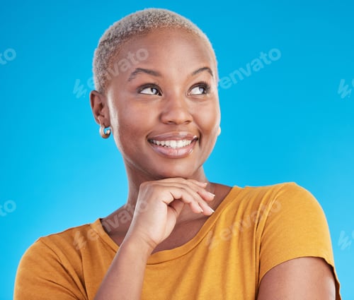 Preview: Thinking, idea or black woman with inspiration, opportunity or brainstorming on a blue studio backg