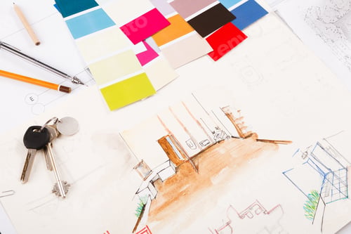 Preview: Designers tools on hand painted sketch of room