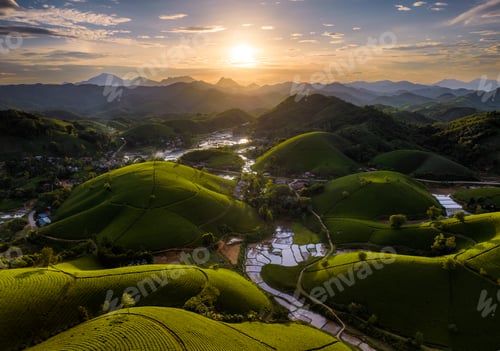 Preview: Aerial view of beatiful sunset at Long Coc tea hill, Phu Tho province, Vietnam