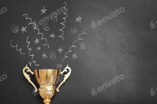 Preview: Trophy and chalk drawn confetti salute on black background, space for text. Victory concept