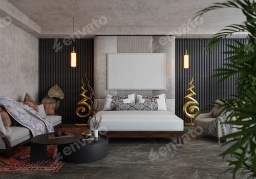 Preview: 3D illustration Mockup photo frame in bedroom, rendering