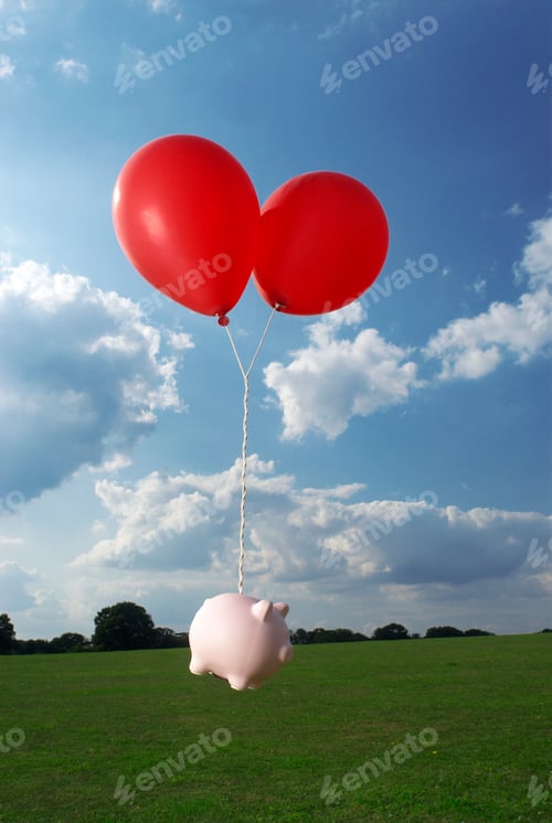 Preview: piggy bank tied to balloons