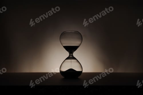 Preview: Minimalist Glass time almost over Hourglass on Wooden Surface with Beige Background backlit