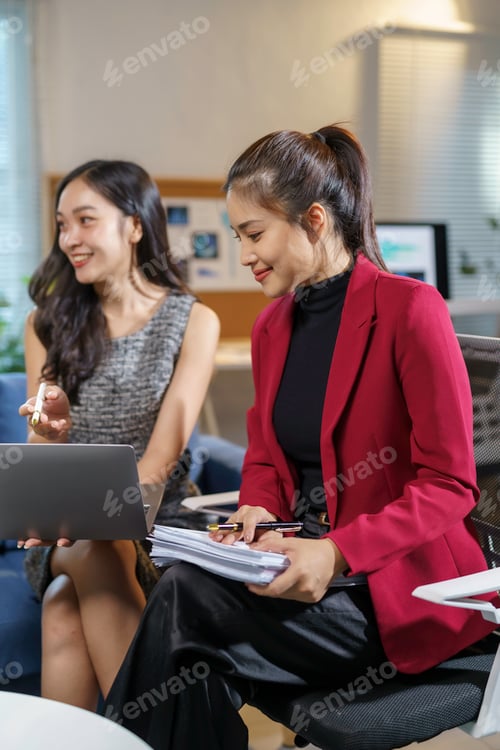 Preview: Two Young Businesswomen Collaborating on Project Using Laptop and Documents in Office