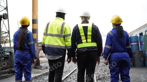 Preview: Group of engineer and workers at railway.Transportation facility industry business.