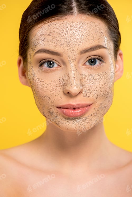 Preview: portrait of attractive naked girl with mask, isolated on yellow