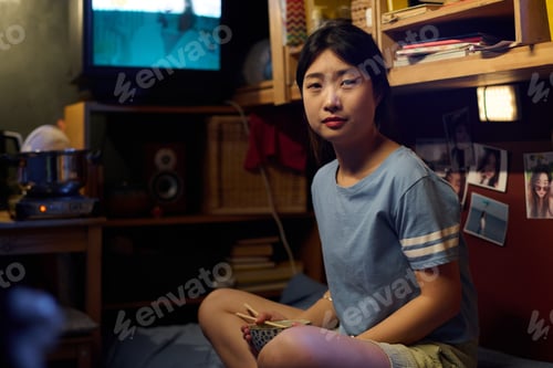 Preview: Young woman with chopsticks and bowl