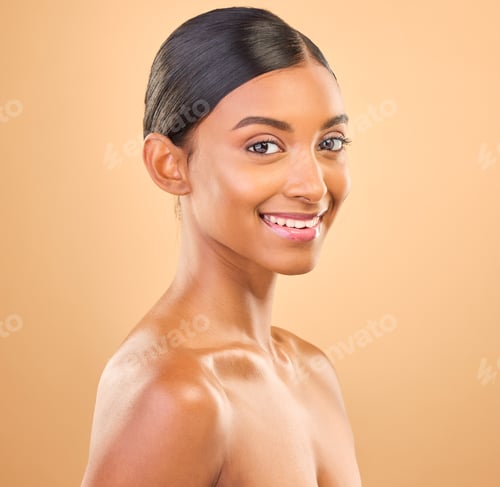 Preview: Smile, glowing and portrait skincare of a woman isolated on a studio background. Happy, beautiful a
