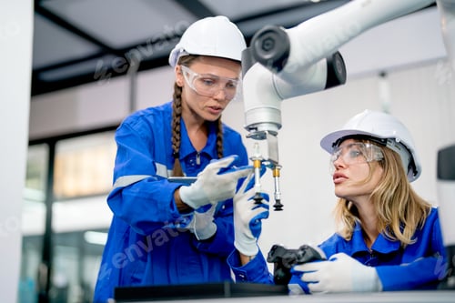 Preview: Two professioan technician or engineer with one sit and other hold tablet discuss about function