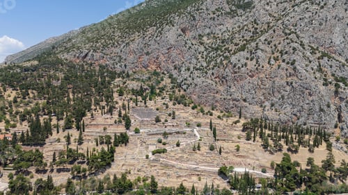 Preview: Aerial bird's eye view photo taken by drone of archaeological site of ancient Delphi.