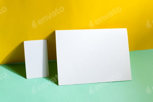 Preview: Blank stationery set business cards and brochure on duotone background with shadows