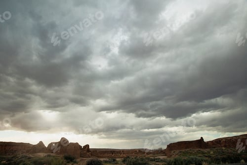 Preview: 53770,Cloudy sky over rock formations, Chaco Canyon, New Mexico, United States