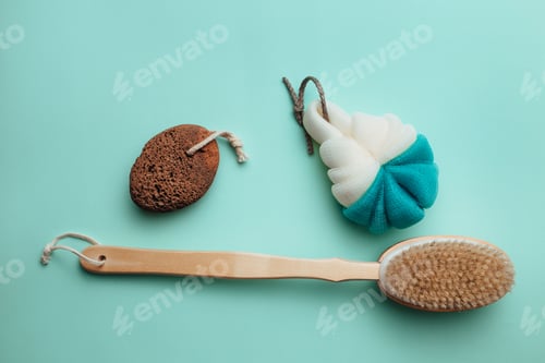 Preview: washcloth, bathing brush and heel foam. concept of accessories for shower, bath and spa salon