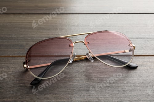 Preview: New stylish sunglasses on wooden table, closeup
