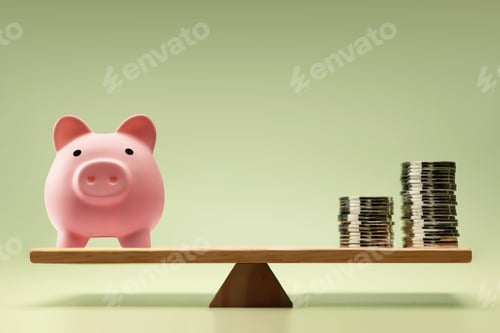 Preview: Financial concept with Coin money Stack and Piggybank balanced on a scale
