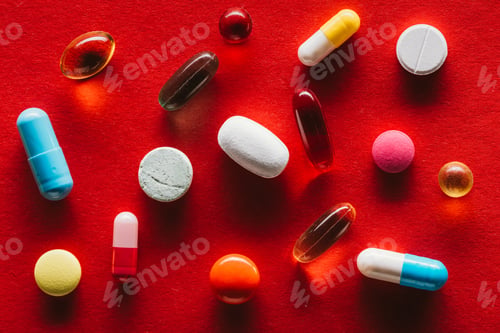 Preview: close-up view of various colorful capsules and tablets on red