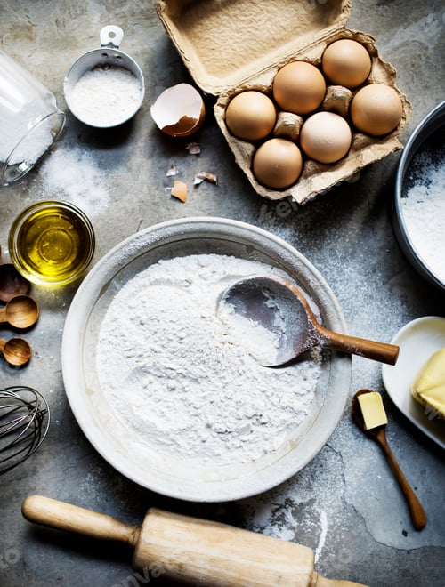Preview: Flatlay of preparation pastry homemade recipe for bake