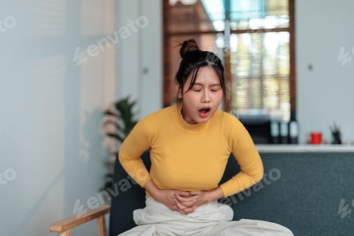Preview: Young Woman Suffering From Strong Stomach Ache at Home