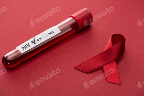 Preview: red awareness aids ribbon and positive hiv blood sample test on red background