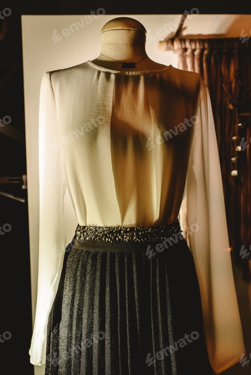 Preview: Valencia, Spain - January 2, 2019: elegant dress of mature woman on mannequin.