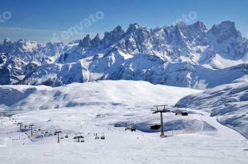 Preview: Ski paradise in the Italian Dolomites. Ski lift, piste, slopes in the Alps
